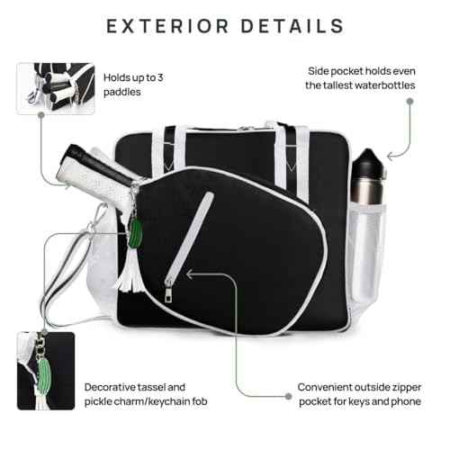 Fresh Pickle Lola Pickleball Tote Bag for Women, Designer Pickleball Bag with Paddle Storage, Zip Pockets & Shoulder Strap, Chic & Durable Pickle Ball Bags, Water-Resistant Canvas, Black/Ivory