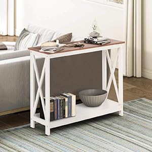 GREEN PARTY 40'' Console Table with Storage Shelf, 2 Tier Farmhouse Sofa Table X-Shaped Design Couch Table Narrow Console Table for Entryway, Hallway, Living Room, Ivory