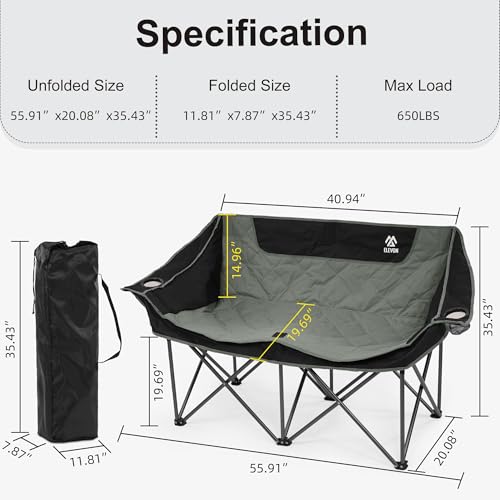 Elevon Double Camping Chair, 2 Person Oversized Loveseat for Adults, Portable Heavy Duty Outdoor Folding Chair with Arms, ...