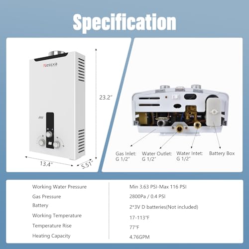 Nessxa Tankless Water Heater Propane with Digital Display, 4.76 GPM 18L Portable Instant Hot Gas Water Heater with Overhea...