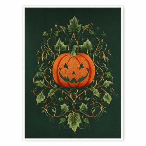 Embroidered Pumpkin Wall Art – Halloween Jack-o'-Lantern with Vines on Green Fabric Texture, Gothic Vintage Textile Style Canvas Print for Living Room-16x20Inch Ready to Hang(Unframed)