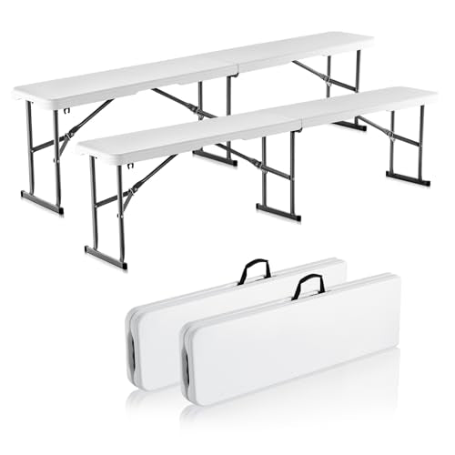 VEVOR Plastic Folding Bench, 6ft Portable Folding Bench, Smooth High Density Polyethylene Waterproof Outdoor Bench, Picnic...