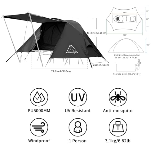 TENPLAY Cot Tent,Camping Tent,Backpacking Tent,3 Way Tent,Solo Tent,1 Person,Quick Setup,70D Nylon,pu5000mm,UV Cut,7001 Al...