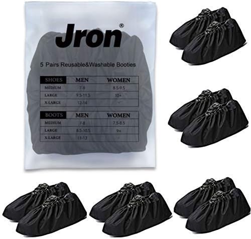 Jron 5 Pairs Premium Reusable Washable Shoe Cover Boot Covers for Contractors (5 Pairs | US 12-14 For Shoes/US 11-13 For Boots, Black)