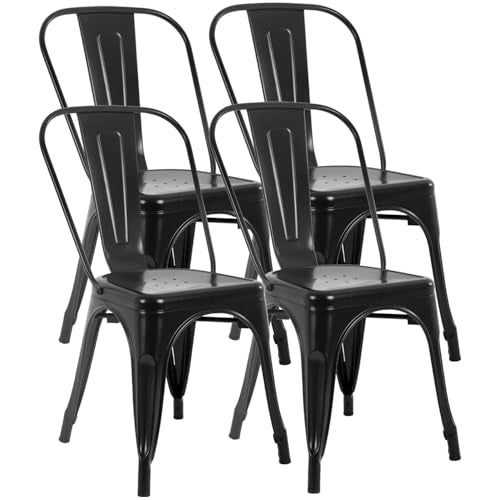 FDW | Metal Dining Chairs | Set of 4 | Black | Stackable Tolix Side Chairs with Backrest | Scratch-Resistant | Non-Slip Fe...