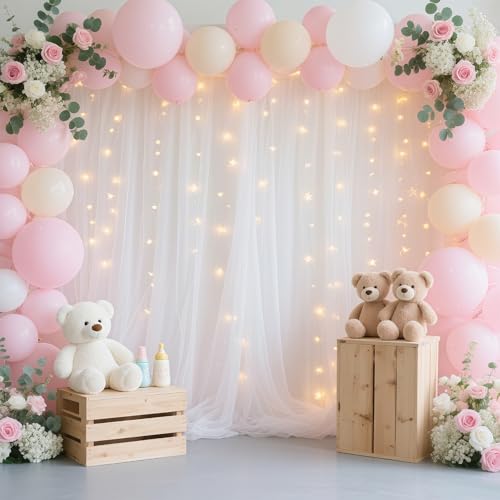 Fomcet White Backdrop Curtains with Lights String 10X8FT Polyester Fabric & Tulle Curtains Backdrop Drapes for Back Drop P...