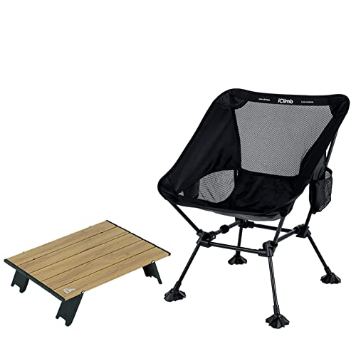 iClimb 1 Mini Folding Table and 1 Anti-Sinking Large Feet Chair Bundle, Ultralight Compact for Single Adult Outdoor Backpa...