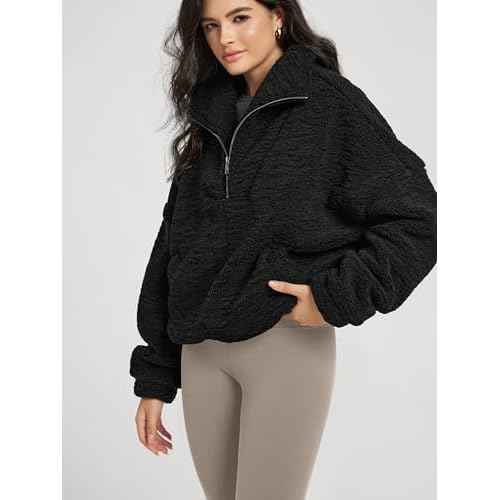 ODODOS Women's Sherpa Fleece Half-Zip Pullover - Cozy Warm Long Sleeve Sweatshirt Cinchable Outerwear with Pockets