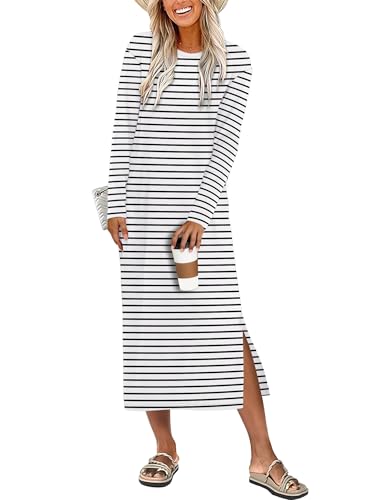 ANRABESS Long Sleeve Midi Dresses for Women Fall Fashion Casual Vacation Crewneck Loose Split Striped Long Tshirts Dress