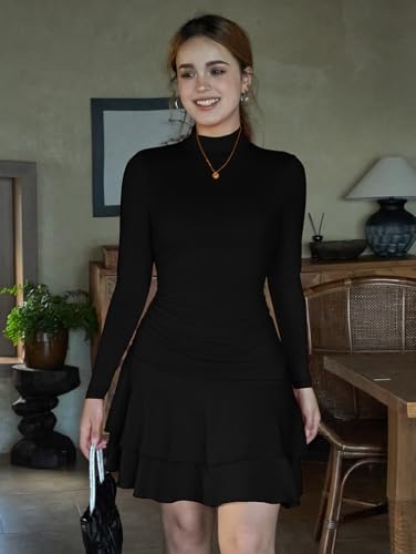 LAGSHIAN Women's High Neck Ruffle Hem Mini Dress Long Sleeve Ruched Short Club Party Dresses