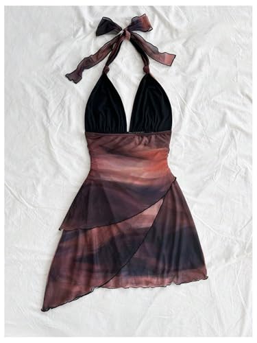 SOLY HUX Women's Sexy Tie Dye Print Halter V Neck Mini Dress Retro Backless Fitted Bodycon Dresses