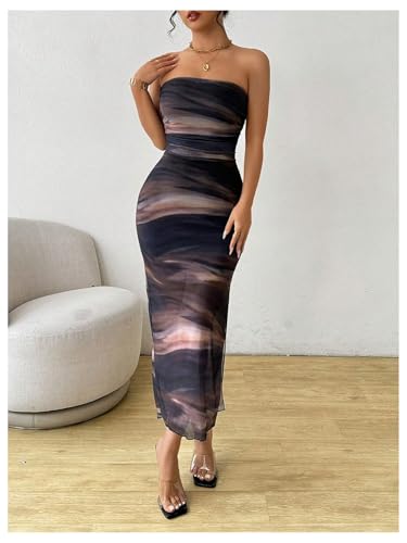 Milumia Women's Tie Dye Printed Ruched Tube Dress Strapless Mesh Split Rave Maxi Dresses