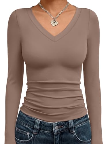 Trendy Queen Long Sleeve Shirts for Women 2026 Fall Fashion V Neck Basics Crop Tops Slim Fitted Y2K Tops Outfits Clothes