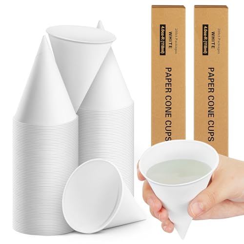 Roshtia 400 Pcs Paper Cone Cups Thicken Disposable Cone Cups for Shaved Ice, Slushies Water Cooler Dispenser, White (4 oz)