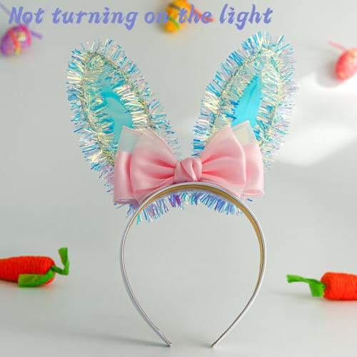 Outyua Light up Bunny Ears Headband Halloween Rabbit Ear Headbands Bow Tinsel Easter Costume Hair Accessory for Women