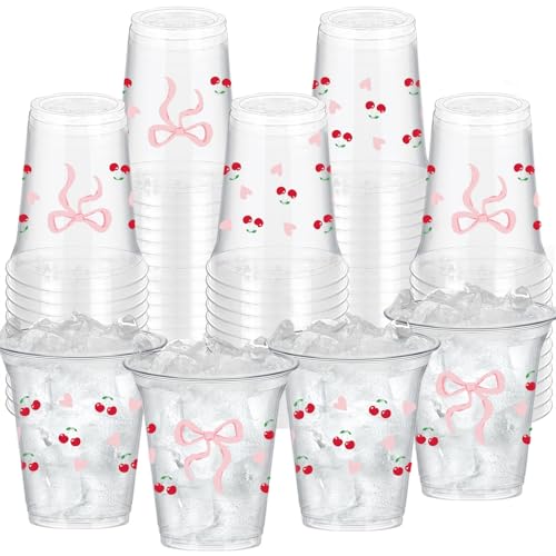 SYUCVQI 40 Pcs Cherry Plastic Cups Pink Bow Drinking Cups for Coquette Party Supplies 12oz Disposable Cup for Pink Cherry ...