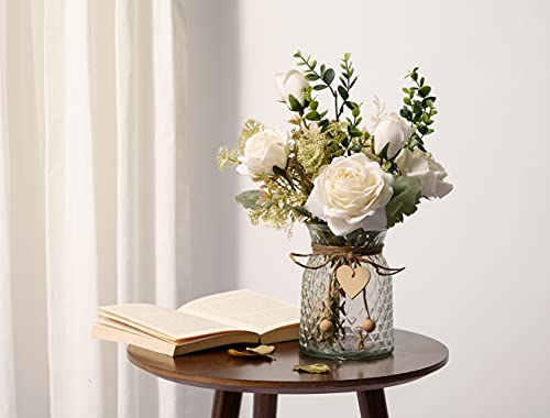YJ Fake Flowers with Vase, Silk Roses Artificial Flowers in Vase, Faux Flower Plant Arrangement Suitable for Home Office D...