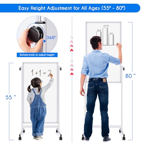 maxtek Rolling White Board, 48 x 24 Height Adjustable Whiteboard on Wheels, Large Magnetic Standing Mobile Easel Board, Do...