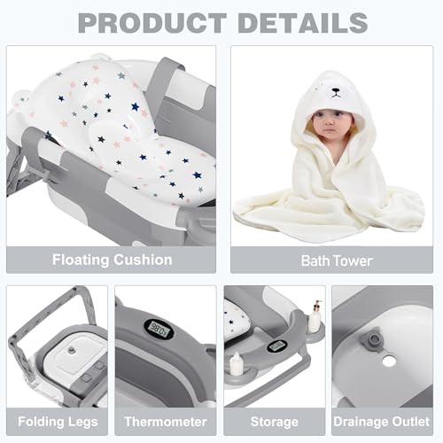 MoreFeel Collapsible Baby Bathtub for Newborn with Thermometer & 1 Hooded Towel & 1 Soft Floating Cushion,Portable Travel ...