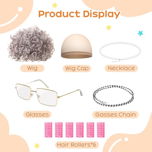 RSOEUG Old Lady Costume for Women, 5 PCS Kids 100 Days of School Grandma Wig Costume Halloween Girls Adults Cosplay Access...