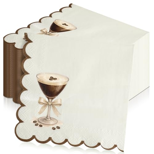 Dunzoom 100 Pcs Martini Cocktail Napkins a Tini Bit Older Birthday Decorations Scalloped Disposable Paper Napkins Espresso...