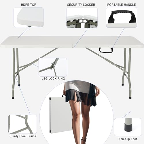 ONUUNPY 6ft Heavy Duty Portable Folding Table - Plastic Dining Table Indoor/Outdoor White Plastic Table for Parties, BBQs,...