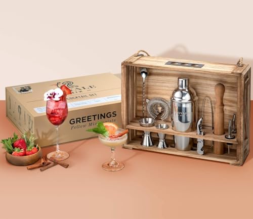 Cocktail Mixology Bartender Kit with Rustic Wood Stand - 11 Piece Bartender Bar Tool Set Cocktail Drink Mixer Shaker Set f...