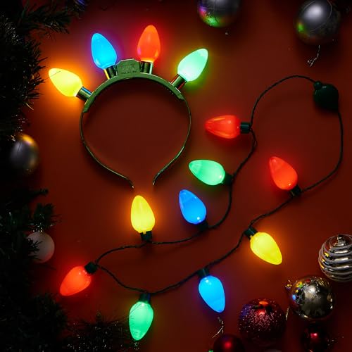 JOYIN 6 Pcs Christmas Light Up Headband and Necklace with 6 Flashing Modes, LED Christmas Bulb Lights Necklace Headband fo...