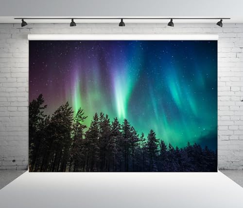 BELECO 8x6ft Fabric Night Forest Northern Lights Backdrop Pine Trees Forest Aurora Borealis Starry Sky Stars Background Po...