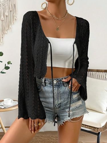 Womens Tie Front Crochet Cardigans Bell Long Sleeve Shrugs Summer Lightweight Sweaters Cropped Tops Beach Cover Up