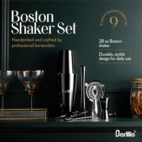 Barillio Black Boston Shaker Set - Stainless-Steel, Weighted Martini Cocktail Shaker Set w/Strainer & Mixer - Mixology Bar...