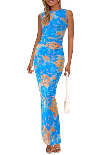 PRETTYGARDEN Womens Summer Wedding Guest Dress 2026 Spring Mesh Sleeveless Bodycon Ruched Floral Holiday Maxi Long Dresses