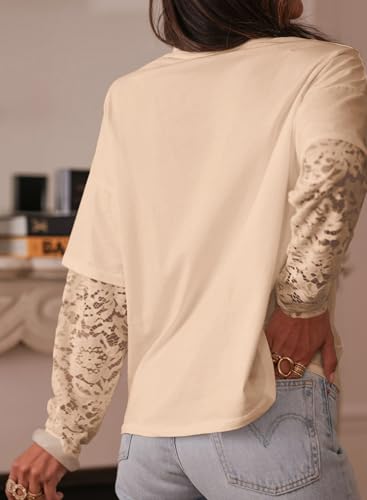LOLONG T Shirts for Women Fall 2025 Long Sleeve Lace Patchwork Crew Neck Tops Casual Tees