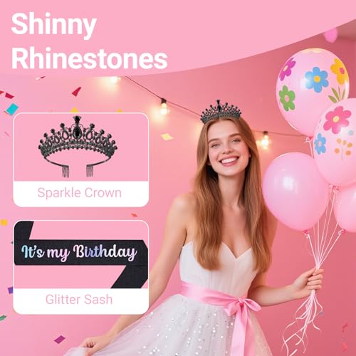 Papoopy Birthday Tiara and Crown with Sash, Birthday Tiara for Women Party (Black)