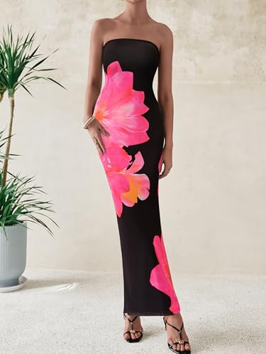 PRETTYGARDEN Women Summer Strapless Maxi Dress Bodycon Floral Sexy Long Wedding Guest Dress Formal Tube Mesh Cocktail Dresses