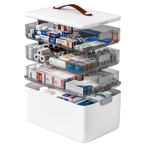 funest 4-Tier Medicine Storage Box Cabinet, Empty First Aid Kit Portable Medical Supply Organizer with Leather Handle for ...