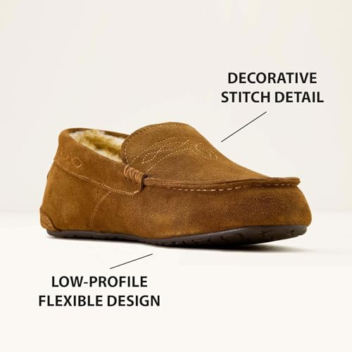 ARIAT Men's Clayton Moccasin Slippers - Durable Genuine Suede Warm Casual Stylish Indoor/Outdoor Shoes with Plush Boa Lining