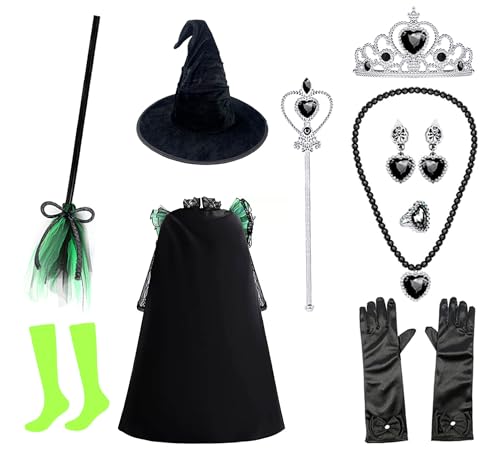 RuuYiicoco 11 Pcs Black Witch Costume Set for Girls Halloween Ruffled Dress with Cape Boom (4-5 years, Black)