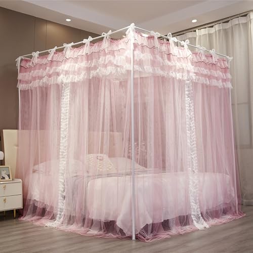 NXGIO Bed Canopy Curtain Double Layer 4 Corners Post Lace Up Ruffle Princess Drape Netting 4 Opening Mosquito Net for Girl...