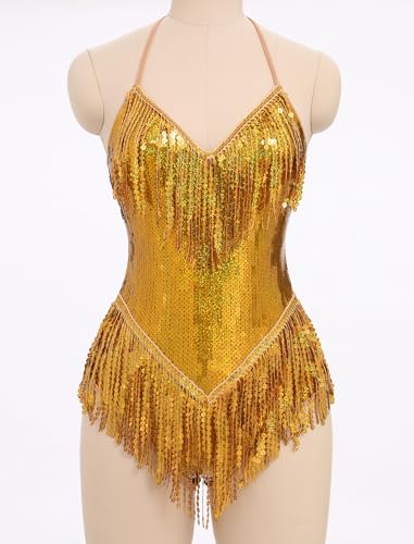IBAKOM Sexy Sequins Fringe Bodysuit Halter Lace Up Back Jazz Latin Dance Tassel Leotard Acrobat Costume Rave Concert Outfits