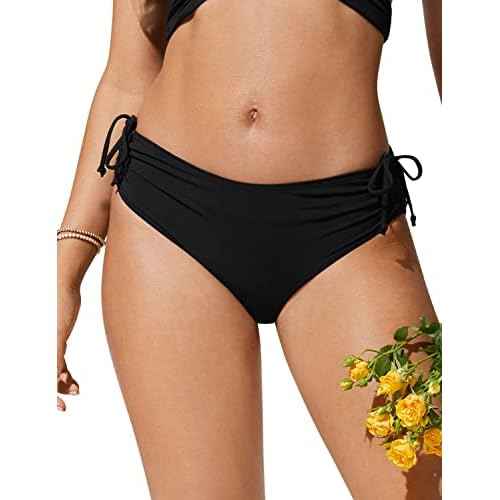 CRZ YOGA Mid Waisted Ruched Bikini Bottoms for Women - Full Coverage Bathing Swimsuit Adjustable Side Tie Swim Briefs