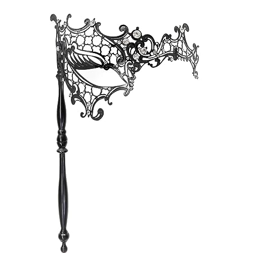 Thmyo Venetian Halloween Mardi Gras Party Mask with Holding Stick, Carnival Handheld Metal Feather Rhinestone Masquerade Mask