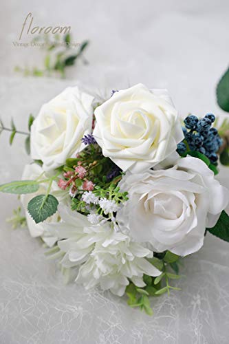 Floroom Artificial Flowers 25pcs Real Looking Ivory Foam Fake Roses with Stems for DIY Wedding Bouquets White Bridal Showe...