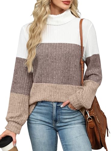 OFEEFAN Turtlenecks Tops for Women Oversized Sweaters Fall Outfits 2025 Plus Size Clothes Long Sleeve Shirts Color Block
