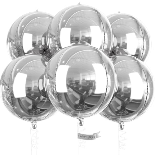 PartyWoo Metallic Silver Foil Balloons 6pcs 22 Inch Large Round Foil Big Giant 4D Jumbo Inflatable Mirror Ball Mylar Ballo...