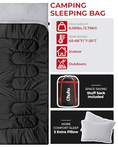 Ohuhu Double Sleeping Bag: Queen Size 2 Person 3 Season for Warm & Cold Weather Camping Sleeping Bag with 2 Pillows, Large...