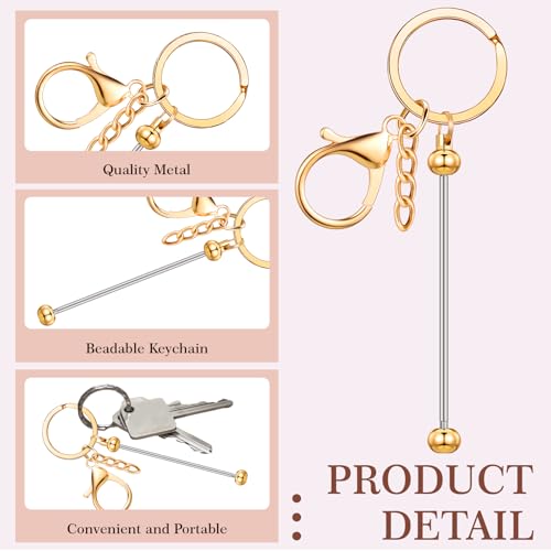 Tondiamo 24 Pcs Beadable Keychain Bars Bulk Beads for Keychain Making Kit Gifts for Women Men DIY Crafts(Gold)