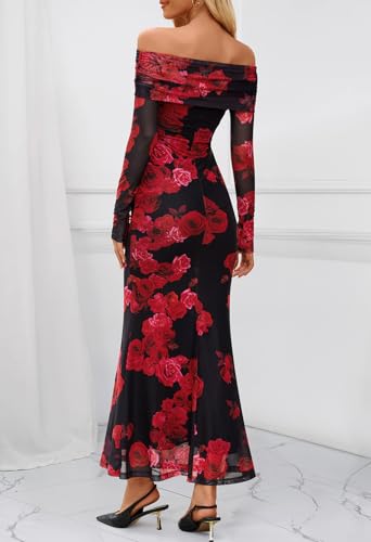 MEROKEETY Women's Fall Off Shoulder Floral Maxi Dresses Formal Long Sleeve Bodycon Cocktail Wedding Guest Dress