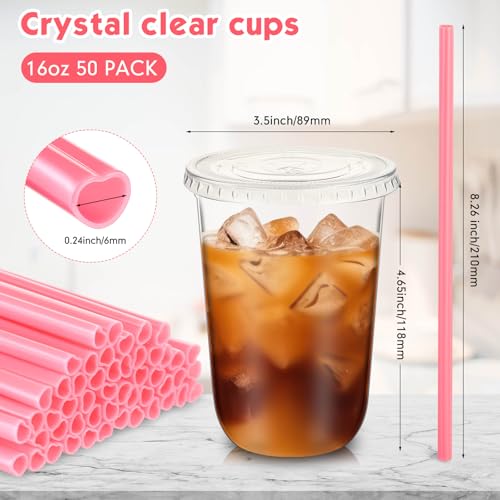 Ziliny 50 Sets Clear Plastic Cups with Heart Shaped Pink Straws and Lids, Disposable Iced Coffee Cups Drinking Pet for Col...