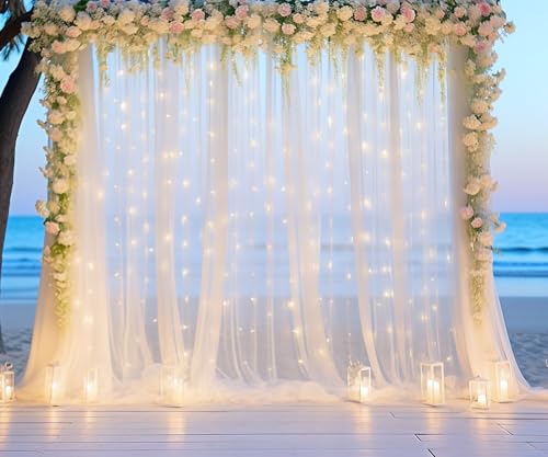 White Sheer Tulle Backdrop Curtain with Lights String- Wedding Backdrop Decorations for Reception Ceremony Home Party Phot...